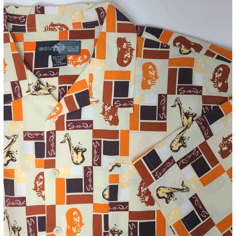 Vtg Southpole Mens 2XL Retro 90s Button Up Shirt Y2K Jazz Print Short Sleeve EUC